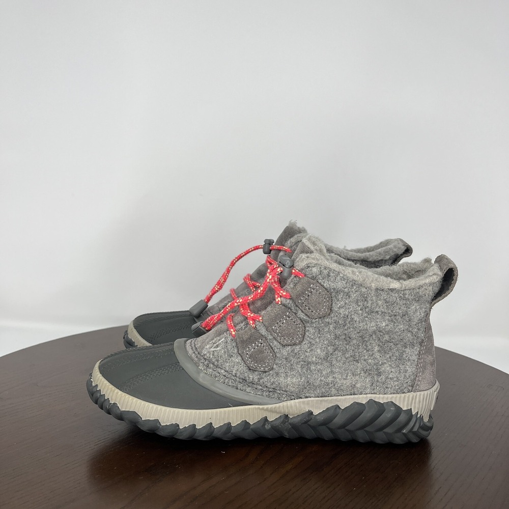 Sorel Out N About Plus Boot Womens 5 Gray Pink Felt Leather Waterproof Duck Rain